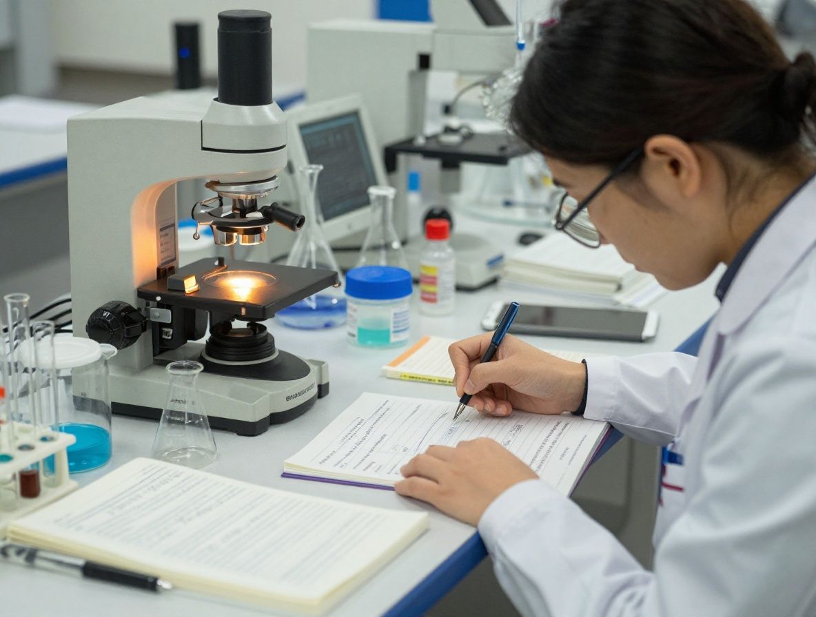 Forschungslabor mit Reagenzgläsern und wissenschaftlichen Instrumenten in gedämpftem Licht, Bücher und Notizen auf einem Tisch, ruhige analytische Atmosphäre