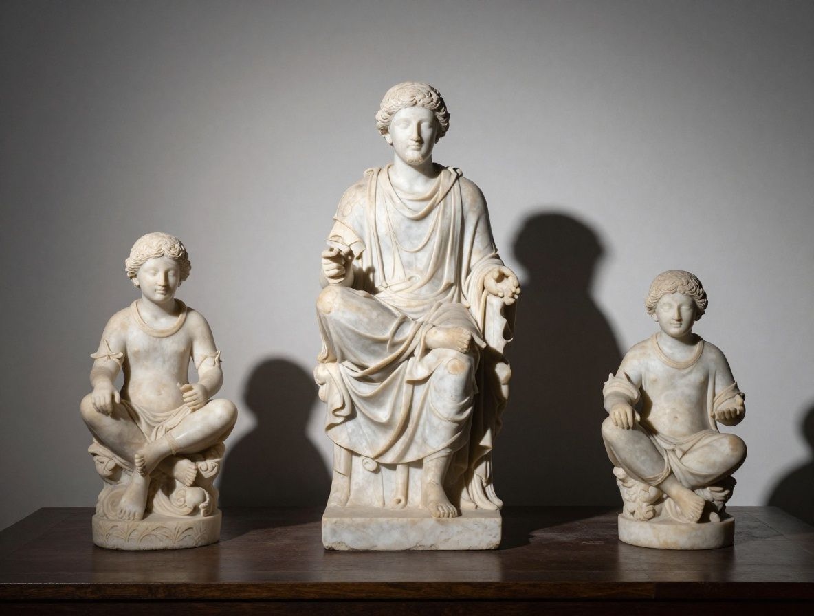 Stilisierte Aufnahme von antiken Marmorobjekten und Pflanzen in einer mediterranen Komposition mit hartem Schattenwurf